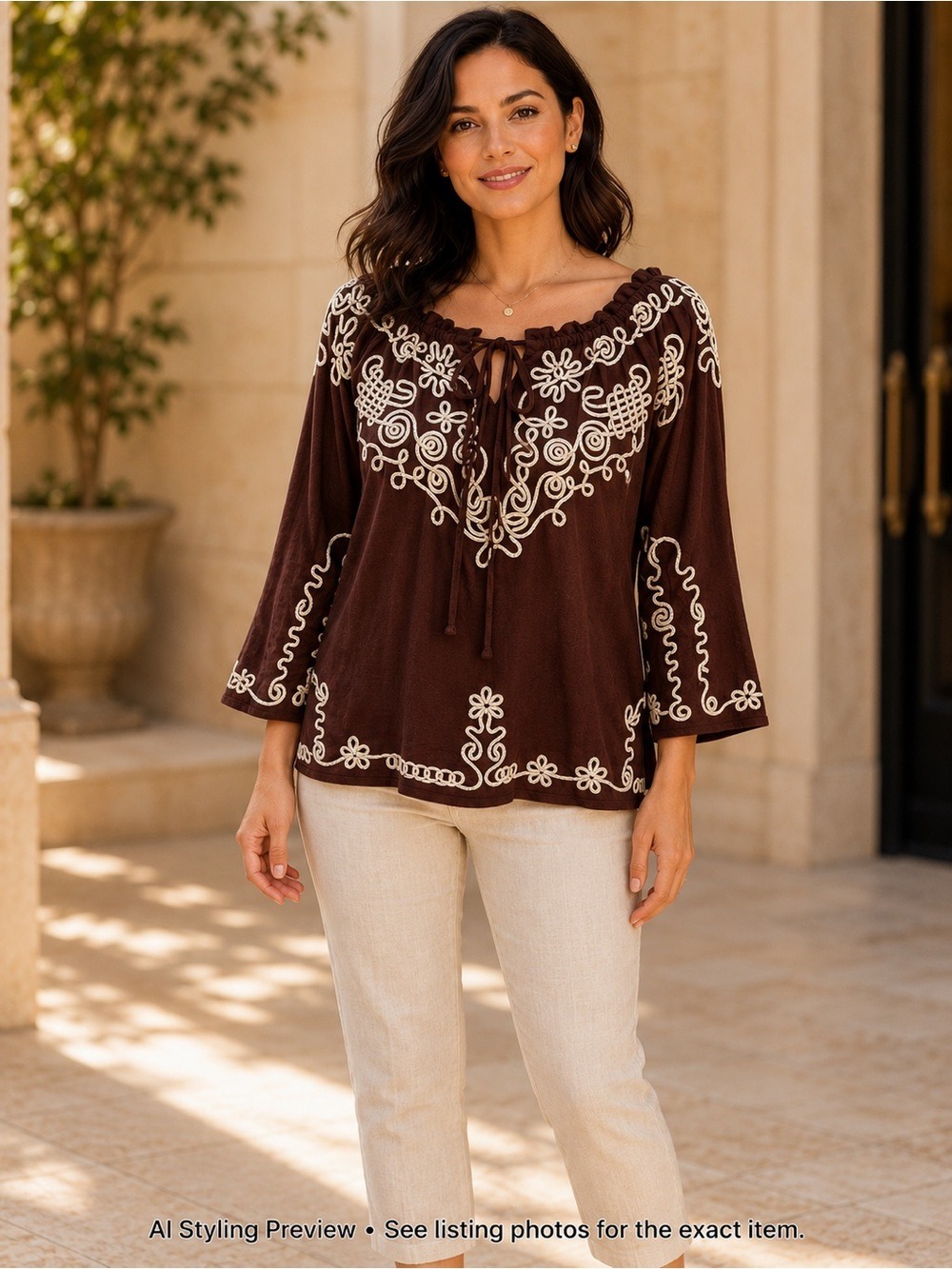 Lauren Michelle Brown Embroidered Lace-Up Boho Top M Y2K Bell Sleeve
